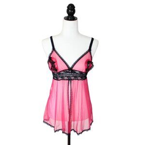 Darling Peek a Boo Negligee Open Nipple Babydoll Top Sheer Small Pink Black N102